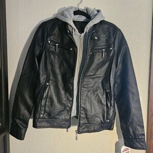 New with tags faux fur lined gray vegan leather bomber jacket